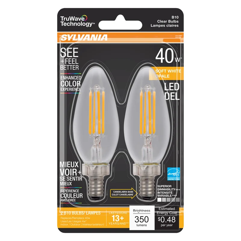 SYLVANIA LED TruWave Décor B10 Chandelier Light Bulb, 40W = 4W, Dimmable, Candelabra Base, Clear, 2700K, Soft White - 2 PK