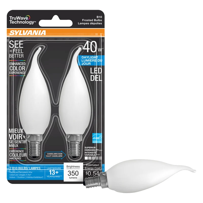 SYLVANIA LED TruWave Candelabra Base Light Bulb, 40W = 4.5, Dimmable, Frosted, Candle Tip, Daylight - 2 PK