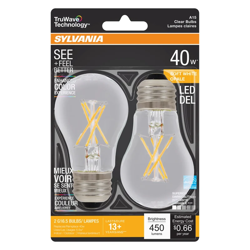 SYLVANIA LED TruWave Ceiling Fixture Light Bulb, 40W, A15, Medium Base, Dimmable, Soft White - 2 PK