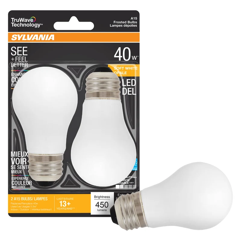 SYLVANIA LED TruWave Ceiling Fixture Light Bulb, 40W, A15, Medium Base, Dimmable, Soft White - 2 Pk