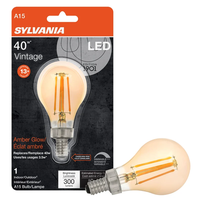 SYLVANIA LED Vintage A15 Light Bulb, 40W, 2175K, Candelabra Base, Dimmable, Amber Glow