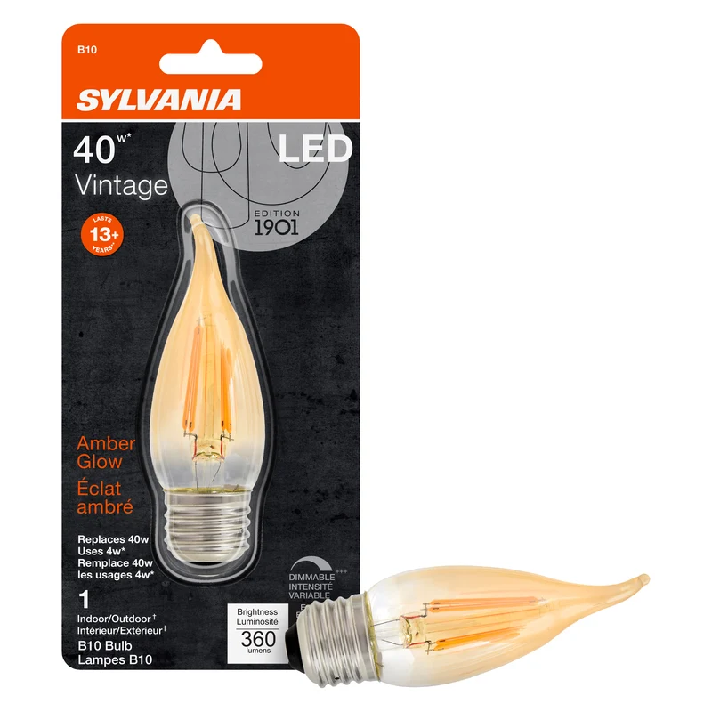 SYLVANIA LED Vintage B10 Light Bulb, 40W = 4W, 2175K, Medium Base, Dimmable, Amber Glow
