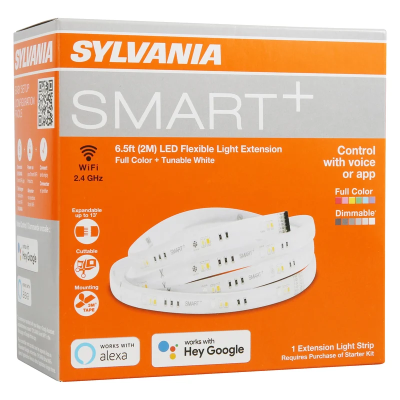 SYLVANIA Wifi LED Smart Strip Light Expansion Kit, 6.5ft, Indoor, Full Color & Adjustable White, Compatible with Alexa and Google Home Only - 1 PK