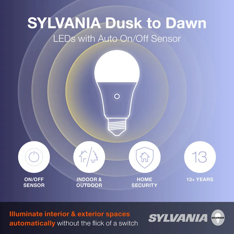 SYLVANIA Dusk to Dawn A21 LED Light Bulb with Auto On/Off Light Sensor, 100W=13W, 1500 Lumens, 2700K, Soft White - 1 PK