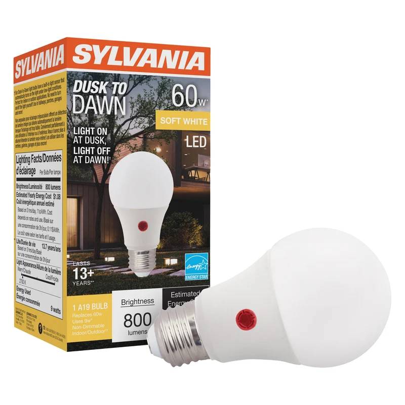SYLVANIA Dusk to Dawn A19 LED Light Bulb with Auto On/Off Light Sensor, 60W=9W, 800 Lumens, 2700K, Soft White - 1 PK