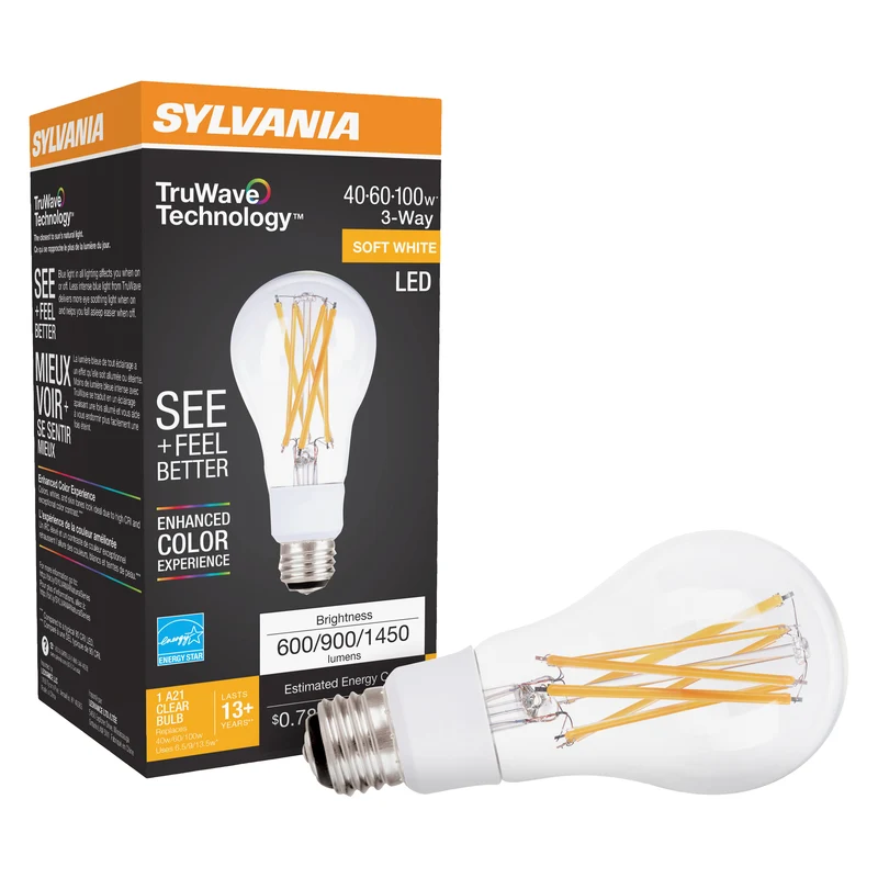 SYLVANIA LED TruWave 3-Way A21 Light Bulb, 40/60/100W = 6.5/9/13W, Clear, 2700K, Soft White - 1 PK