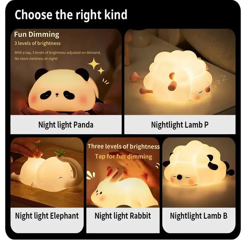 Cute Silicone LED Night Light for Kids - Panda/Sheep/Rabbit, Touch Control, USB Rechargeable