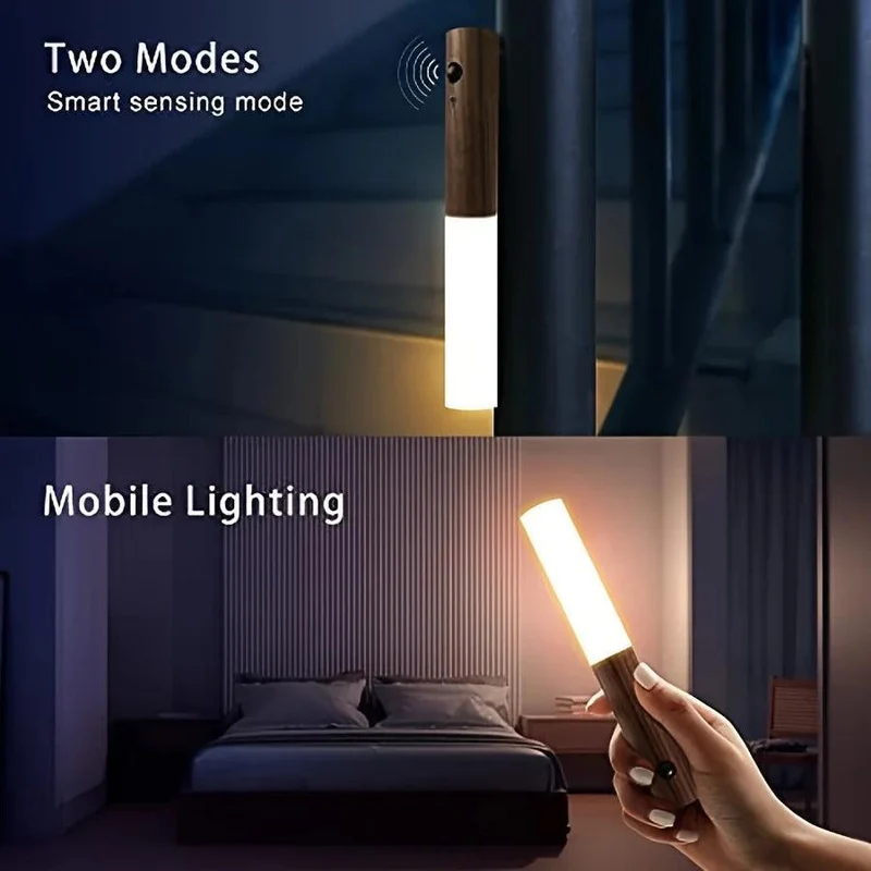 Walnut Motion Sensor LED Night Light - USB Rechargeable, Magnetic Wall-Mount
