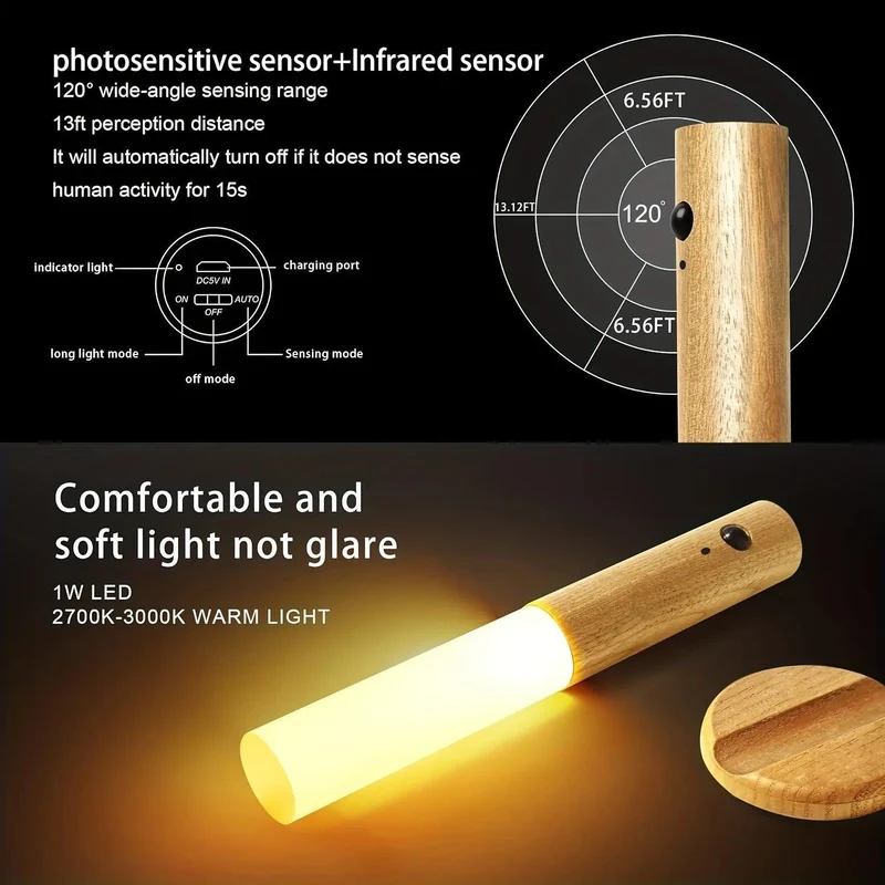 Walnut Motion Sensor LED Night Light - USB Rechargeable, Magnetic Wall-Mount