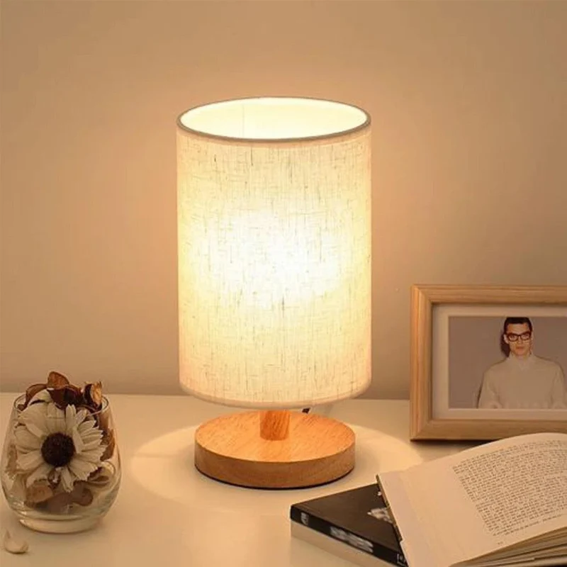 Wooden LED Table Lamp with Linen Shade - USB Powered, Japanese Minimalist