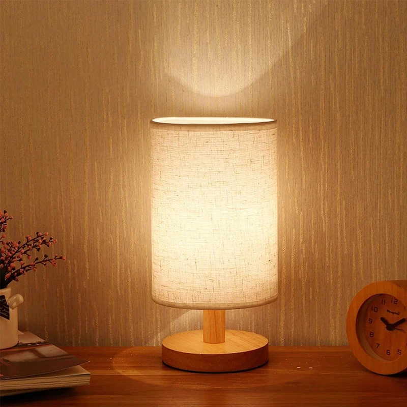 Wooden LED Table Lamp with Linen Shade - USB Powered, Japanese Minimalist