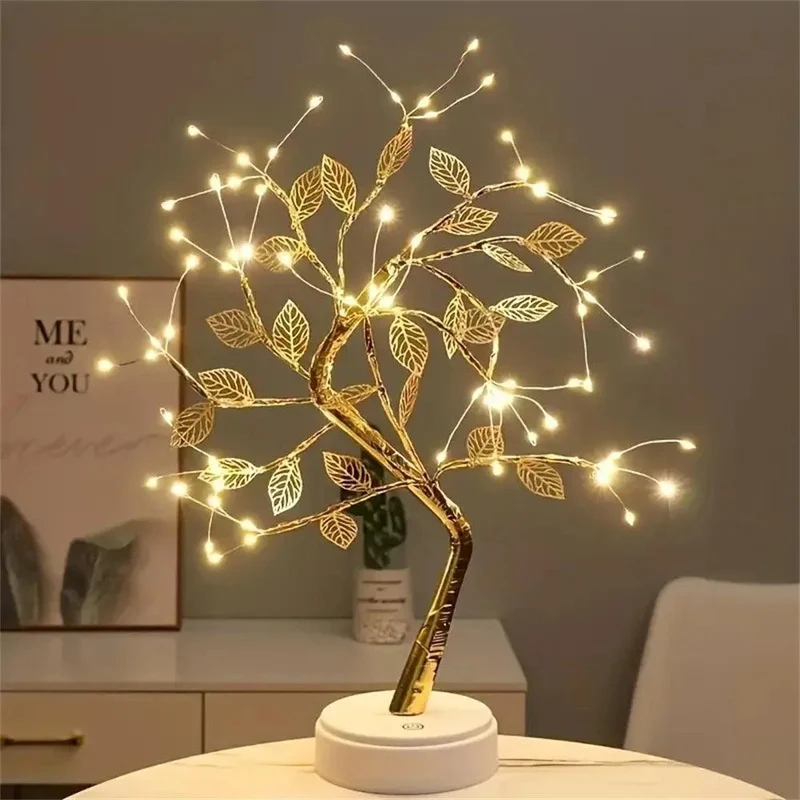 Golden Leaf LED Bonsai Tree Table Lamp - 72 LEDs, Touch Dimmable, USB/Battery Powered