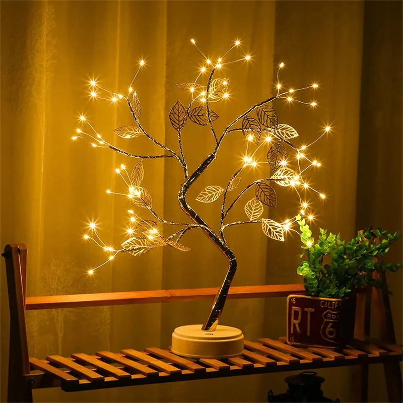 Golden Leaf LED Bonsai Tree Table Lamp - 72 LEDs, Touch Dimmable, USB/Battery Powered