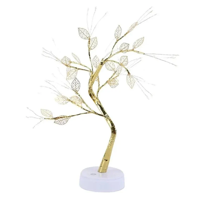 Golden Leaf LED Bonsai Tree Table Lamp - 72 LEDs, Touch Dimmable, USB/Battery Powered