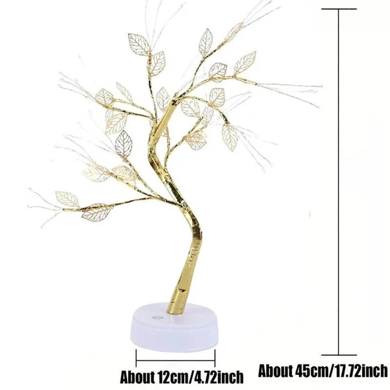 Golden Leaf LED Bonsai Tree Table Lamp - 72 LEDs, Touch Dimmable, USB/Battery Powered