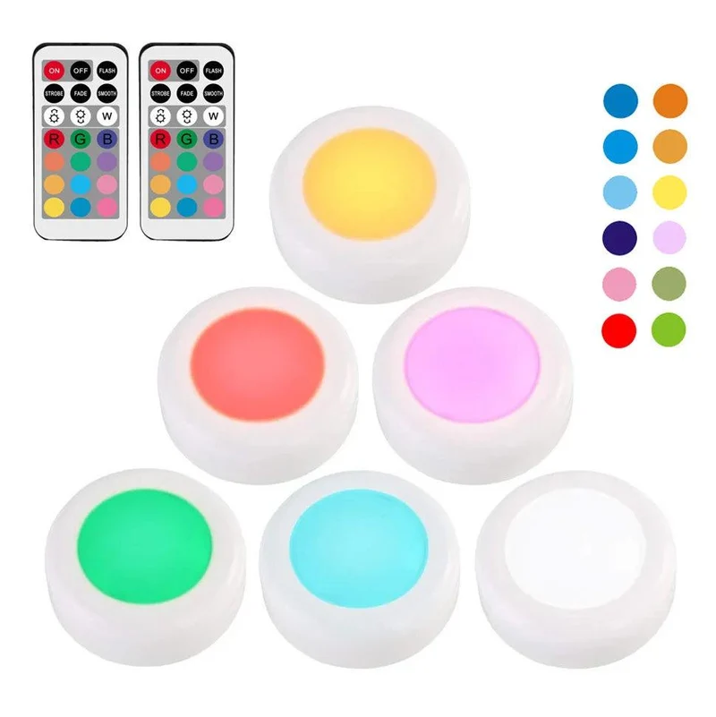 RGBW Dimmable Under Cabinet LED Puck Lights - Touch & Remote Control, White Housing
