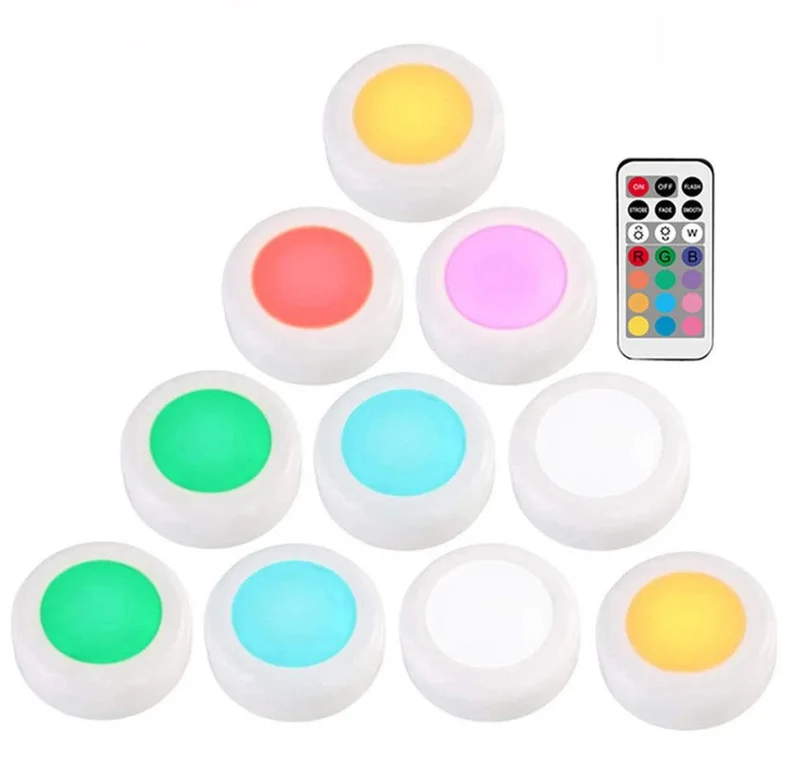 RGBW Dimmable Under Cabinet LED Puck Lights - Touch & Remote Control, White Housing