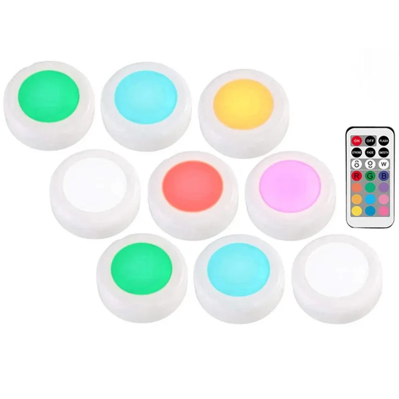 RGBW Dimmable Under Cabinet LED Puck Lights - Touch & Remote Control, White Housing