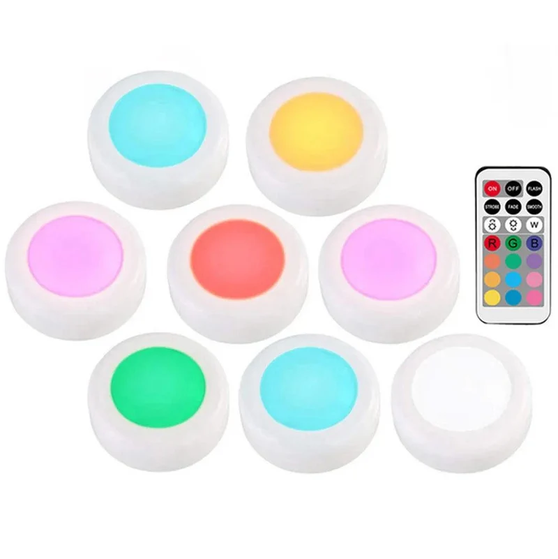 RGBW Dimmable Under Cabinet LED Puck Lights - Touch & Remote Control, White Housing