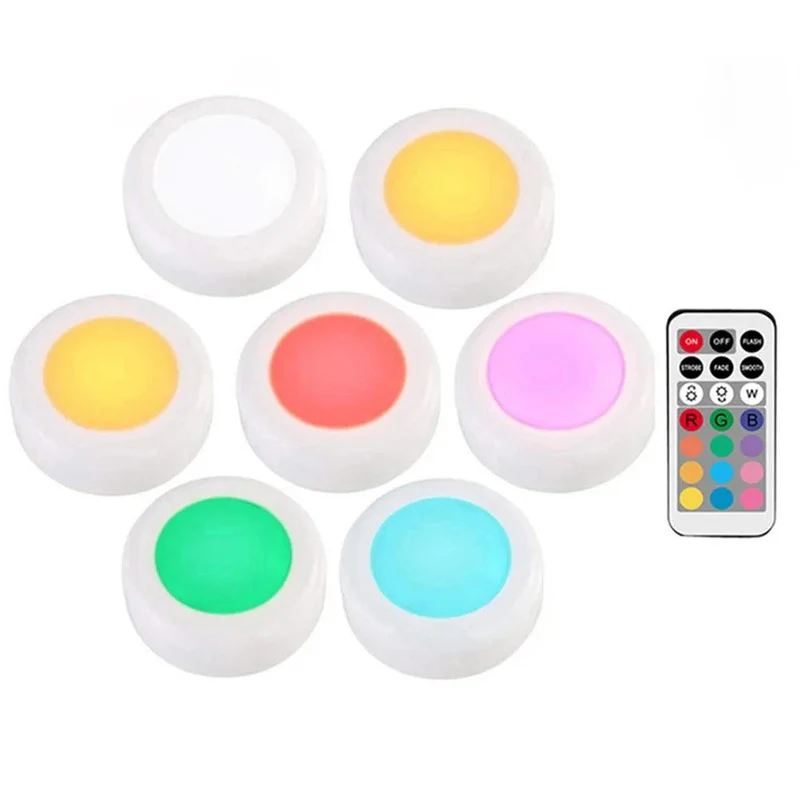 RGBW Dimmable Under Cabinet LED Puck Lights - Touch & Remote Control, White Housing