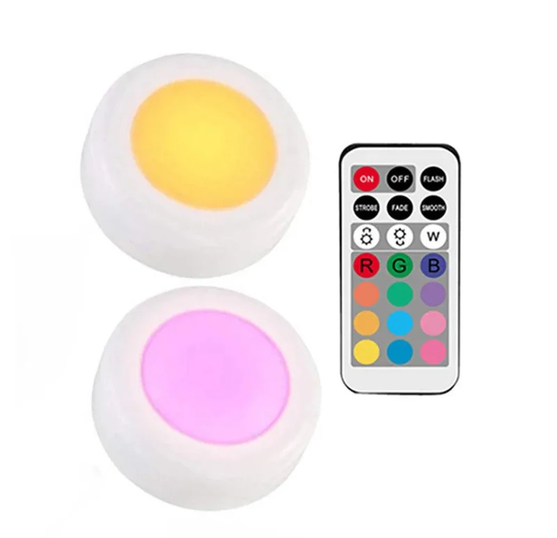 RGBW Dimmable Under Cabinet LED Puck Lights - Touch & Remote Control, White Housing