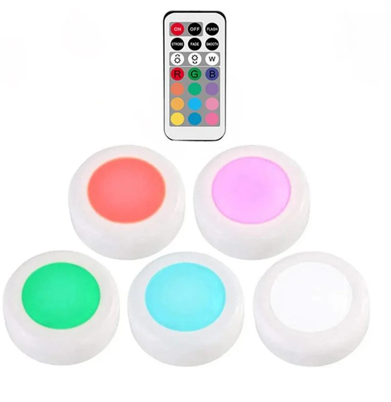 RGBW Dimmable Under Cabinet LED Puck Lights - Touch & Remote Control, White Housing