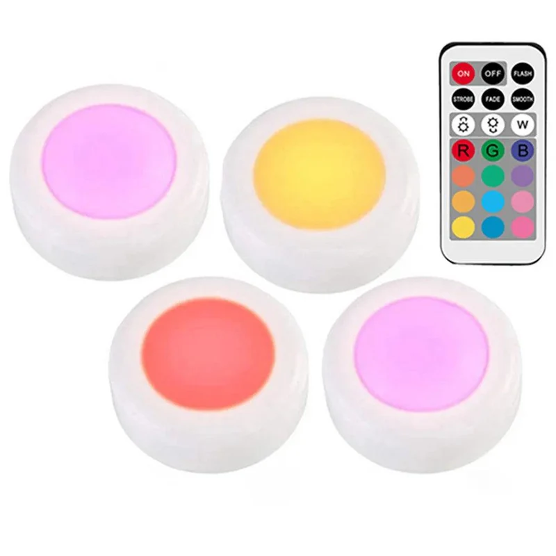 RGBW Dimmable Under Cabinet LED Puck Lights - Touch & Remote Control, White Housing