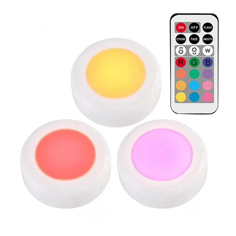 RGBW Dimmable Under Cabinet LED Puck Lights - Touch & Remote Control, White Housing