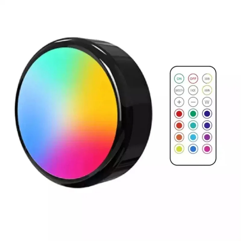 RGBW Dimmable Black Under Cabinet LED Puck Light - Battery Powered, Touch Sensor, Remote Control