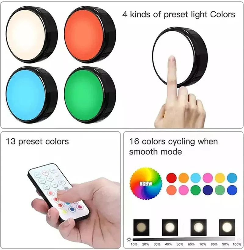 RGBW Dimmable Black Under Cabinet LED Puck Light - Battery Powered, Touch Sensor, Remote Control