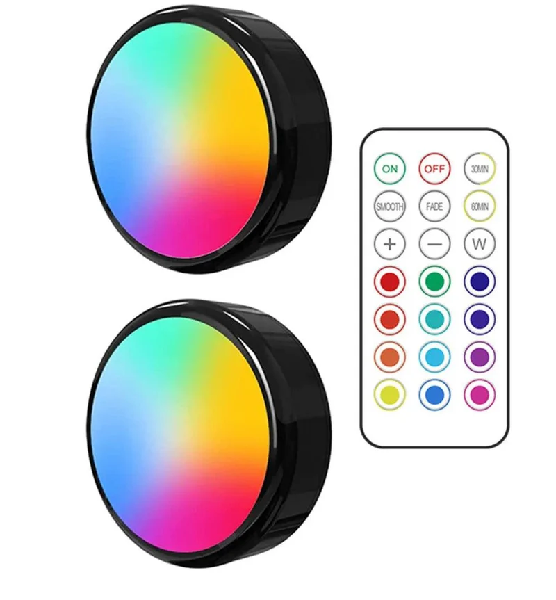 RGBW Dimmable Black Under Cabinet LED Puck Light - Battery Powered, Touch Sensor, Remote Control