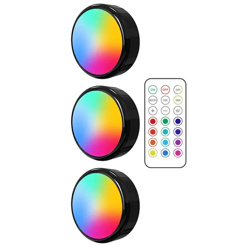 RGBW Dimmable Black Under Cabinet LED Puck Light - Battery Powered, Touch Sensor, Remote Control