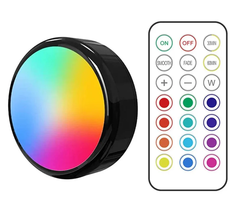 RGBW Dimmable Black Under Cabinet LED Puck Light - Battery Powered, Touch Sensor, Remote Control