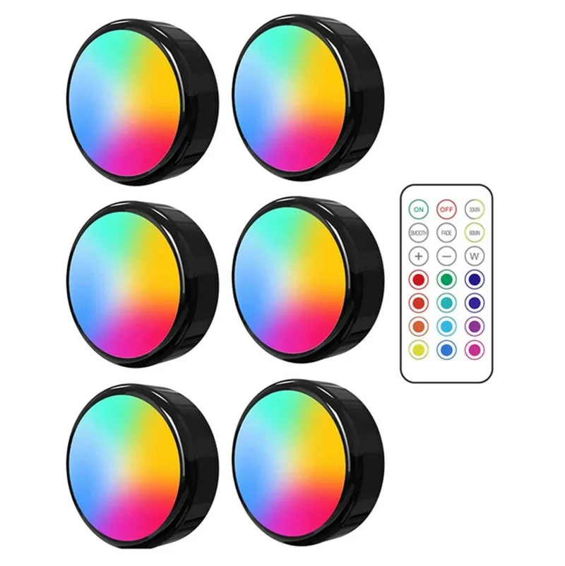 RGBW Dimmable Black Under Cabinet LED Puck Light - Battery Powered, Touch Sensor, Remote Control