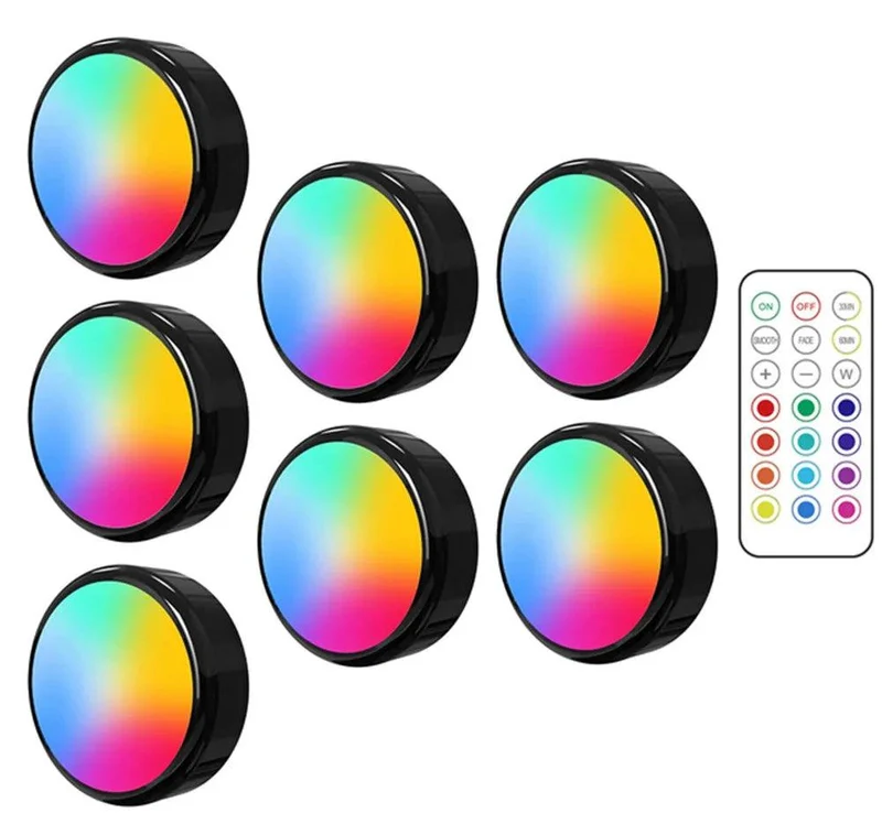 RGBW Dimmable Black Under Cabinet LED Puck Light - Battery Powered, Touch Sensor, Remote Control