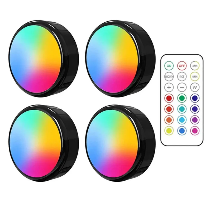 RGBW Dimmable Black Under Cabinet LED Puck Light - Battery Powered, Touch Sensor, Remote Control