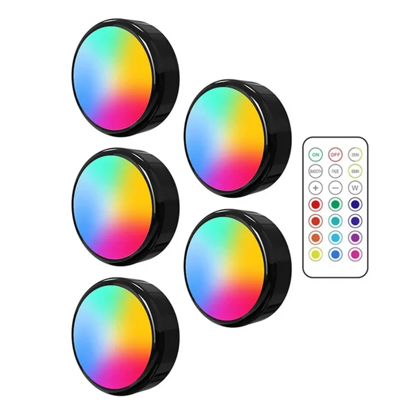 RGBW Dimmable Black Under Cabinet LED Puck Light - Battery Powered, Touch Sensor, Remote Control