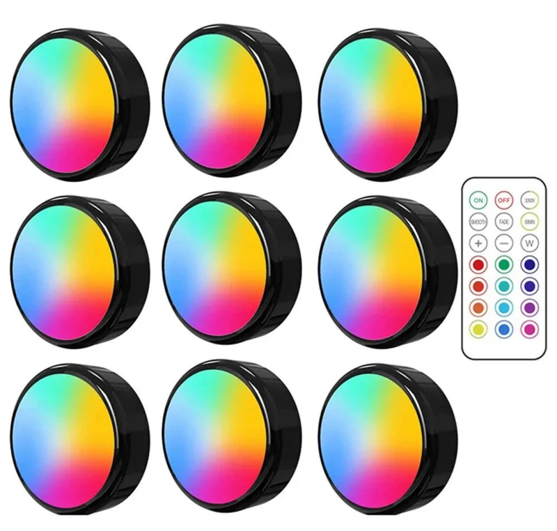RGBW Dimmable Black Under Cabinet LED Puck Light - Battery Powered, Touch Sensor, Remote Control