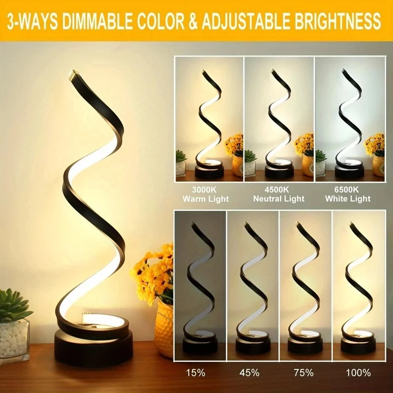 Spiral LED Table Lamp - 3 Color Modes, Stepless Dimming, USB Powered