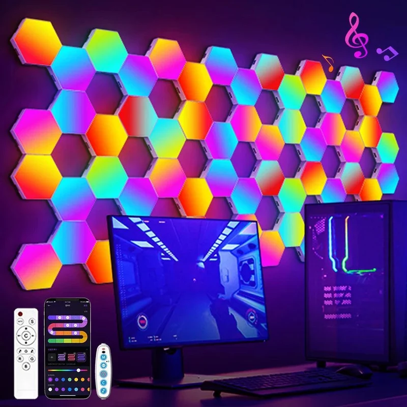 Hexagon RGB Smart Wall Lights - App Control, Music Sync, DIY Modular Panels