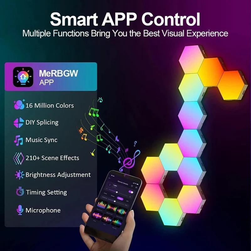 Hexagon RGB Smart Wall Lights - App Control, Music Sync, DIY Modular Panels