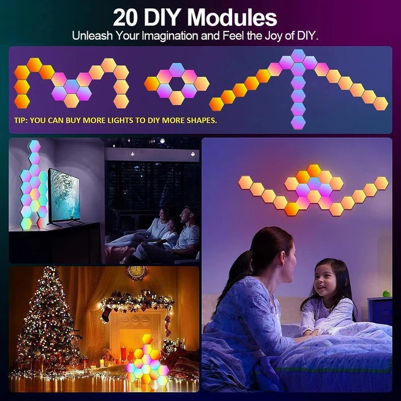 Hexagon RGB Smart Wall Lights - App Control, Music Sync, DIY Modular Panels