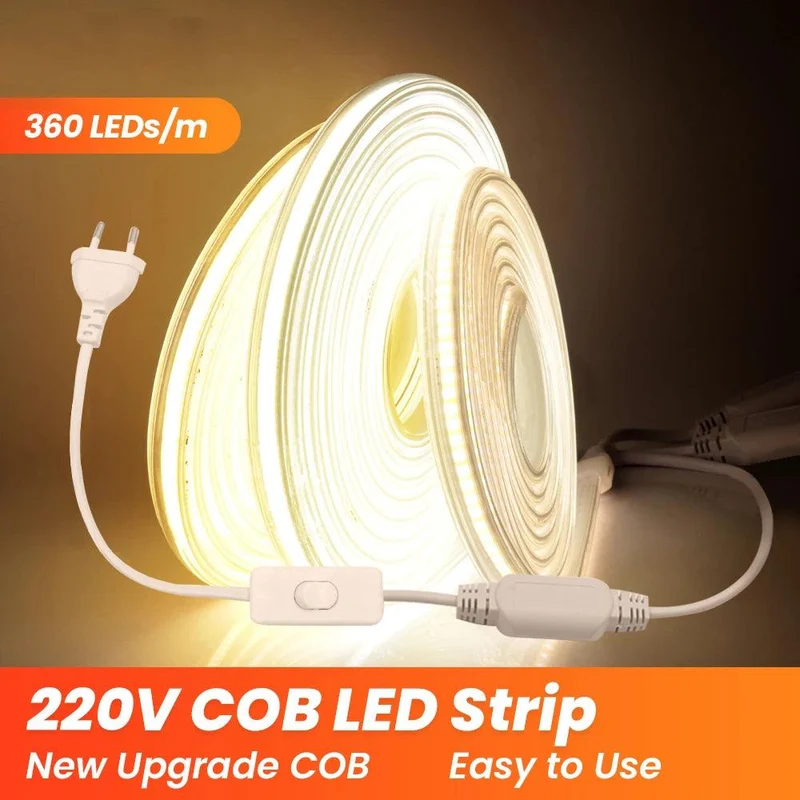220V High Voltage COB LED Strip Light - 360 LEDs/m, IP67 Waterproof, CRI90