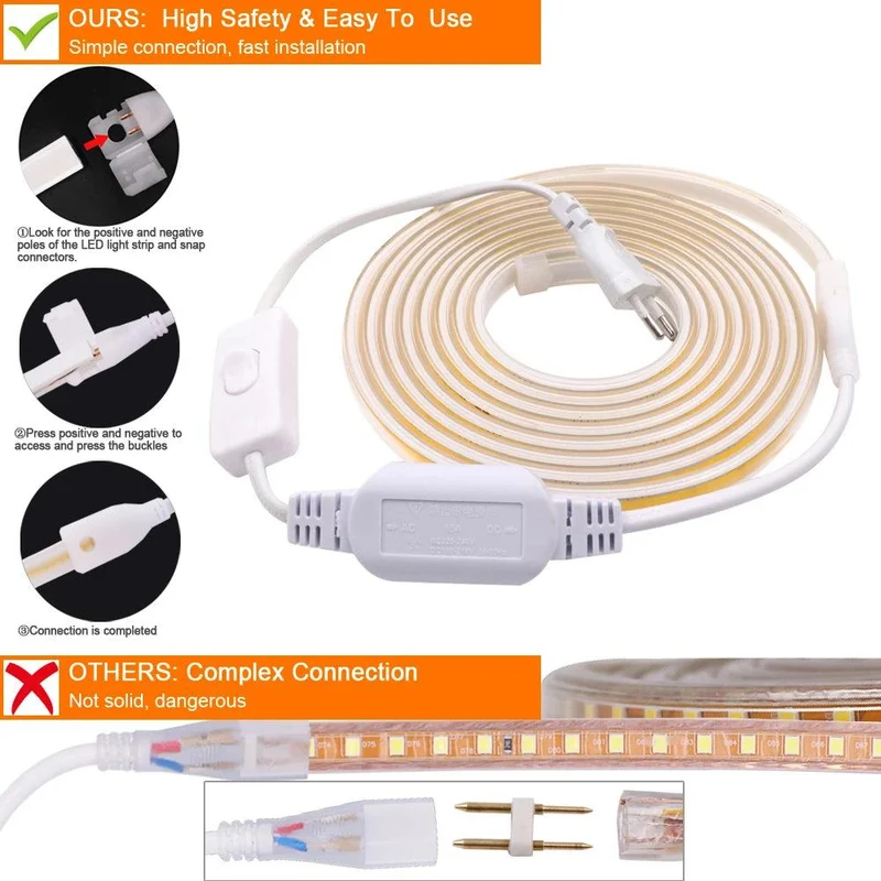 220V High Voltage COB LED Strip Light - 360 LEDs/m, IP67 Waterproof, CRI90