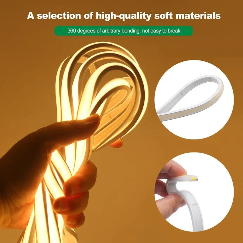 12V IP68 COB Neon LED Strip Light - DC Plug or 2-Pin Wire, Flexible, Cuttable