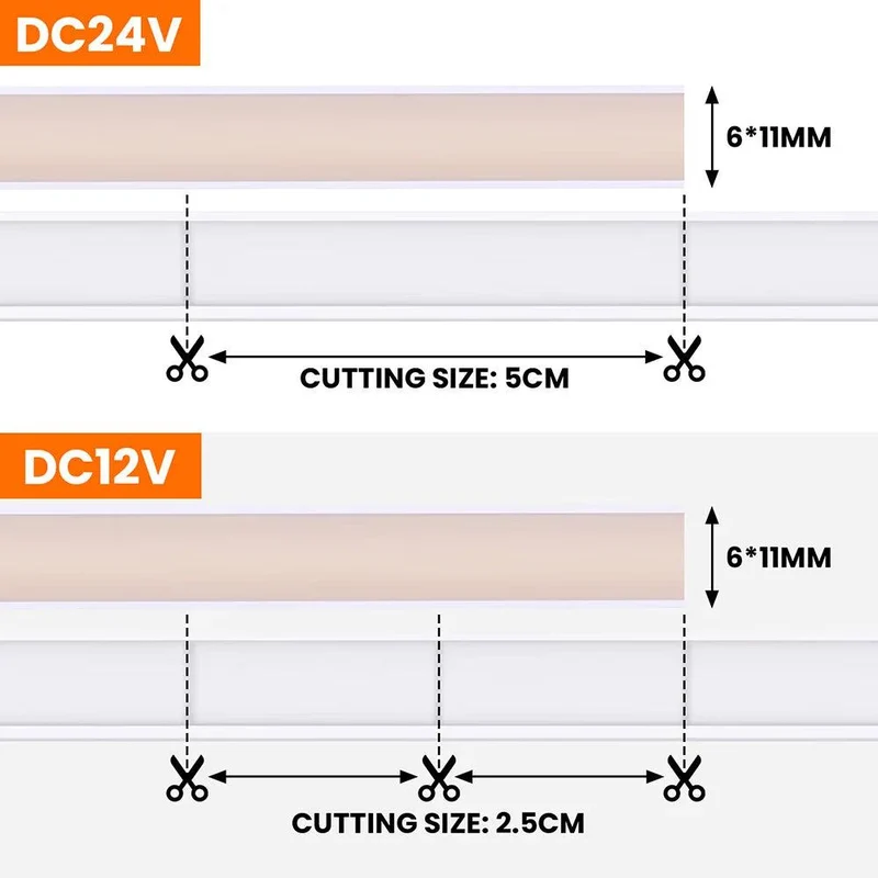 12V IP68 COB Neon LED Strip Light - DC Plug or 2-Pin Wire, Flexible, Cuttable