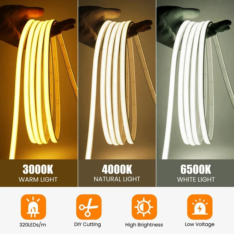 12V IP68 COB Neon LED Strip Light - DC Plug or 2-Pin Wire, Flexible, Cuttable