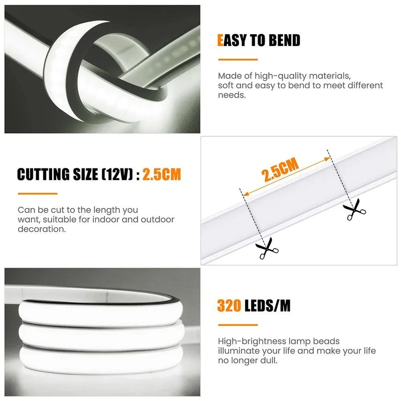 12V IP68 COB Neon LED Strip Light - DC Plug or 2-Pin Wire, Flexible, Cuttable