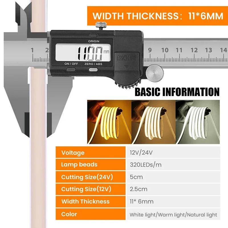 24V IP68 COB Neon LED Strip Light - DC Plug or 2-Pin Wire, Flexible, Cuttable