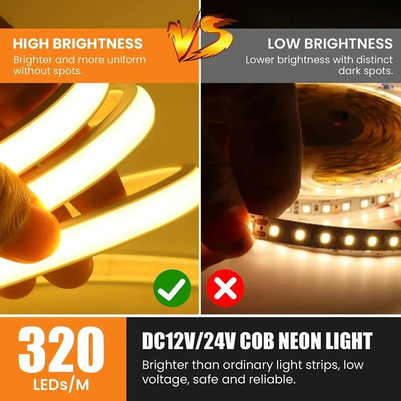 24V IP68 COB Neon LED Strip Light - DC Plug or 2-Pin Wire, Flexible, Cuttable